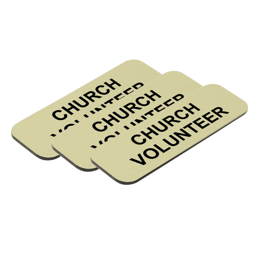 Church Volunteer Name Tags - 3 Pack, 1x3" Brushed Gold Rounded Corner Badges With Pin Fastener