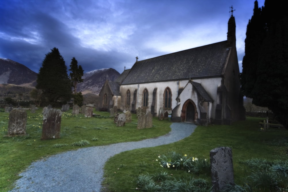Church With Cemetery Lake District Cumbria England Canvas Art - John Short Design Pics (18 x 12)