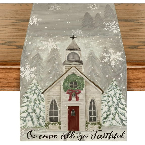 Church Xmas Trees Snowflakes Merry Christmas Table Runner, Bow Tie Kitchen Dining Table Decoration for Outdoor Home Party 13x48 Inch