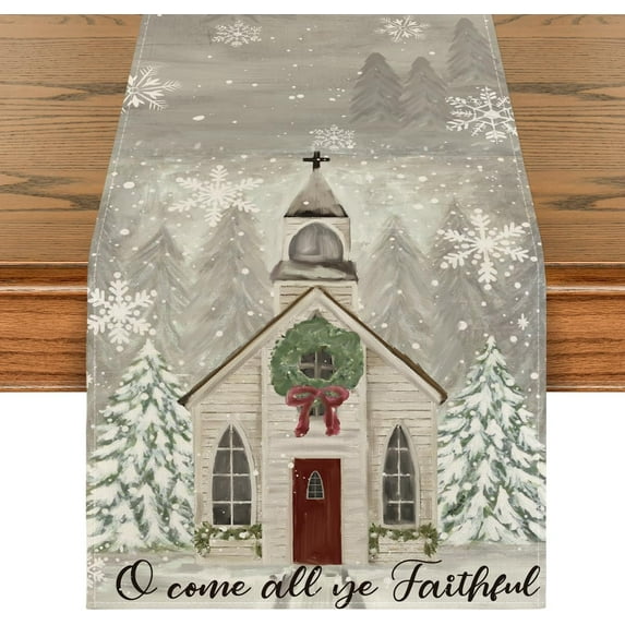 Church Xmas Trees Snowflakes Merry Christmas Table Runner, Bow Tie Kitchen Dining Table Decoration for Outdoor Home Party 13x48 Inch
