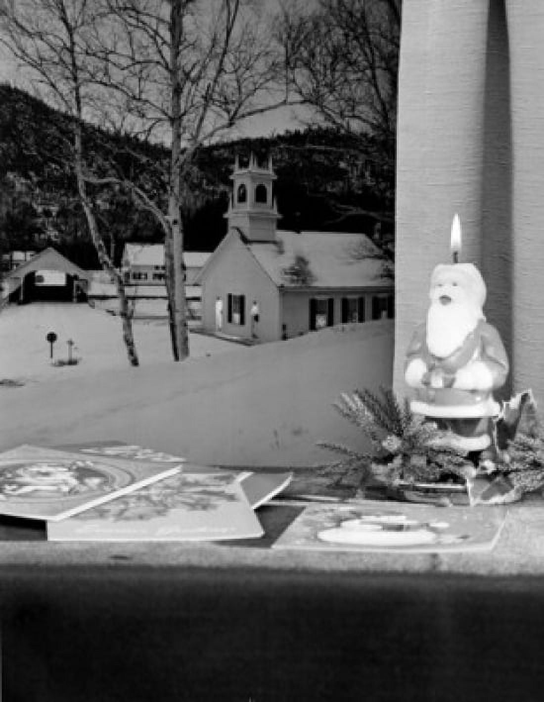 Church and covered bridge seen through Christmas window Canvas Art - (18 x 24)