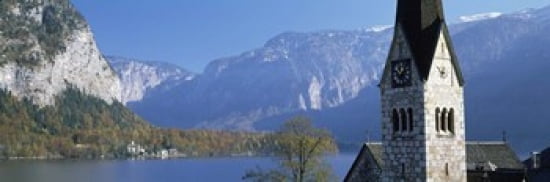 Church at the lakeside Hallstatt Salzkammergut Austria Canvas Art - Panoramic Images (36 x 12)