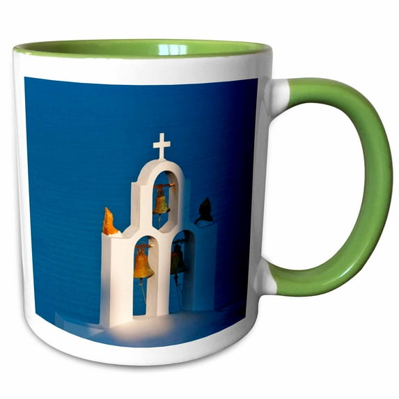 Church bell tower, coast of Aegean Sea. Oia, Santorini Isl, Greece. 11oz Two-Tone Green Mug mug-330127-7