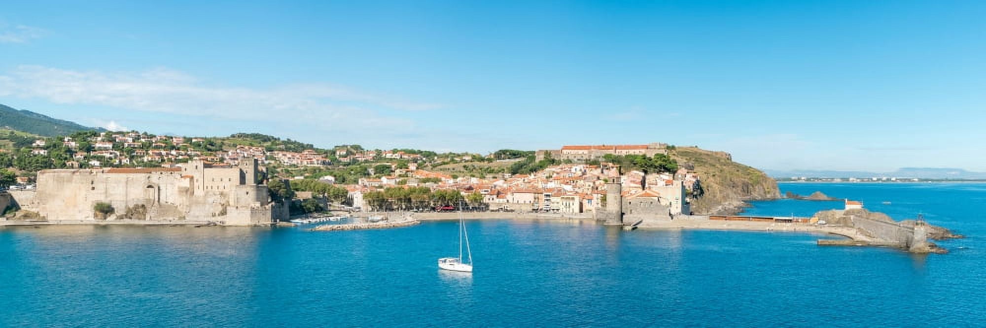 Church and castle in a town Chateau Royal De Collioure Church Notre-Dame-Des-Anges Collioure Pyrenees-Orientales Languedoc-Rousillon France Canvas Art - Panoramic Images (27 x 9)