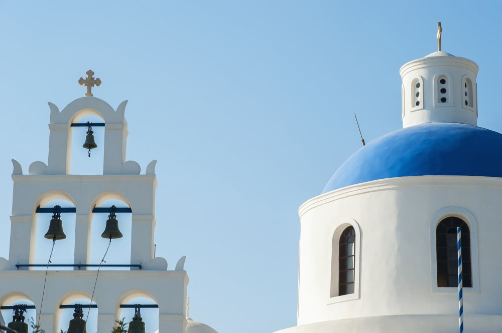 Church domed roof and bells Oia Santorini Greece Canvas Art - Dosfotos Design Pics (19 x 12)