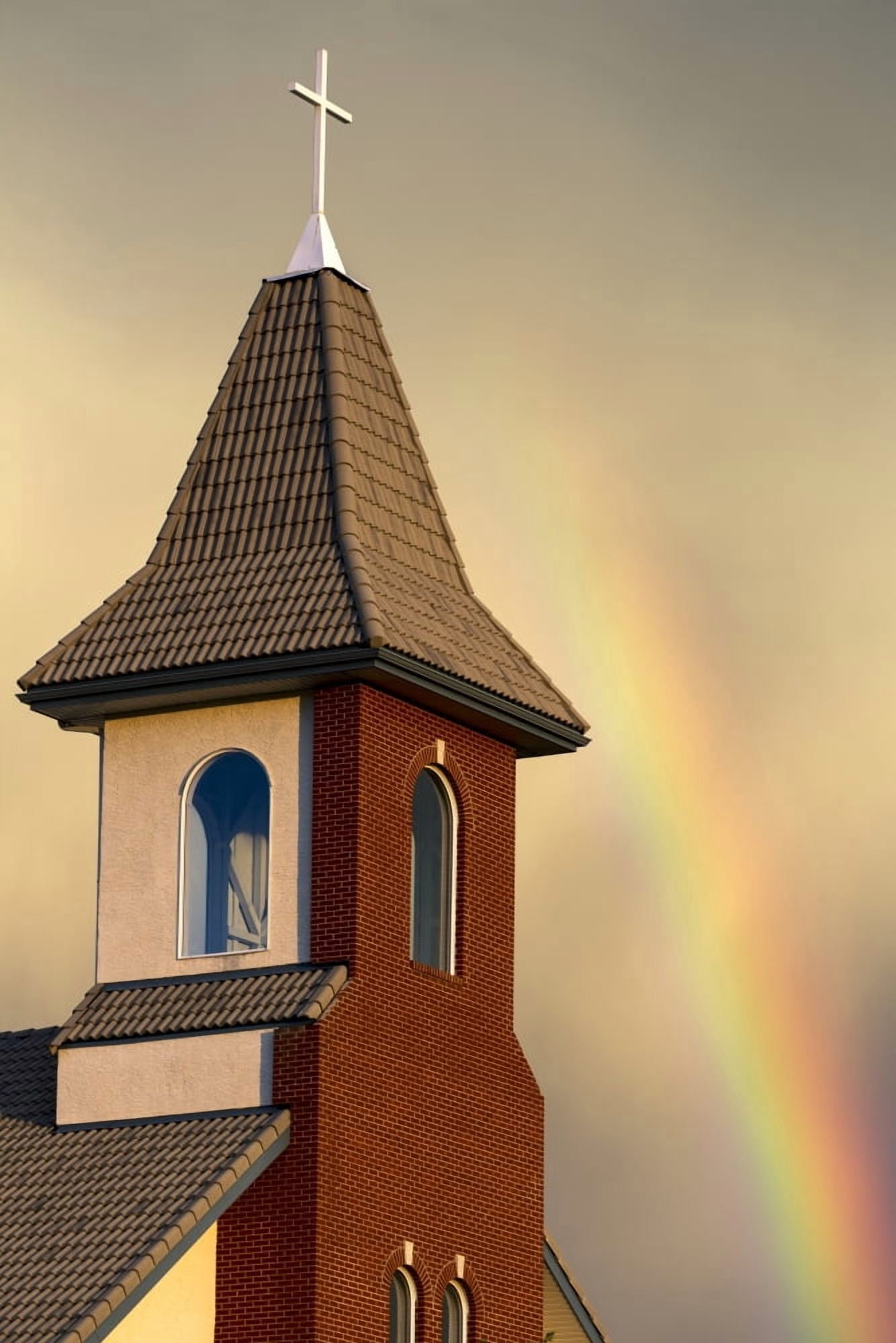 Church steeple with orange glow from the sunset and rainbow in the sky Calgary Alberta Canada Canvas Art - Michael Interisano Design Pics (12 x 18)