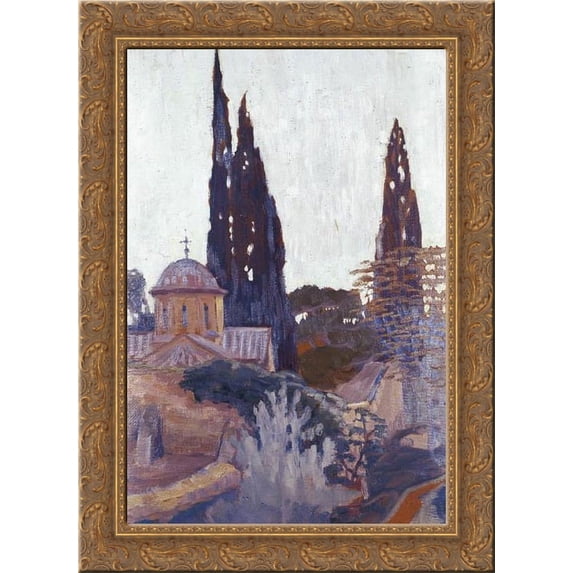 Church with Cypress 20x24 Gold Ornate Wood Framed Canvas Art by Maleas, Constantine