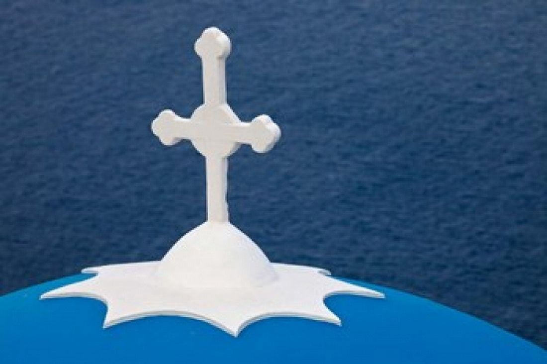 Church with blue dome and white cross in village of Firostefani Santorini Greece Canvas Art - Darrell Gulin DanitaDelimont (34 x 23)