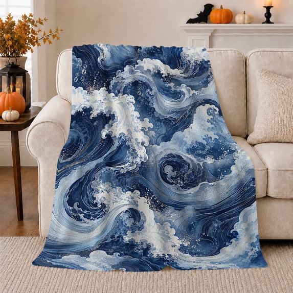 Churning Japanese Wave Art Dramatic Artistic Scene, Dramatic Artistic Scene, Warm Flannel Blanket for Beach House and Reading Nook, Beach Lovers Birthday Gift, Artistic Home Decor