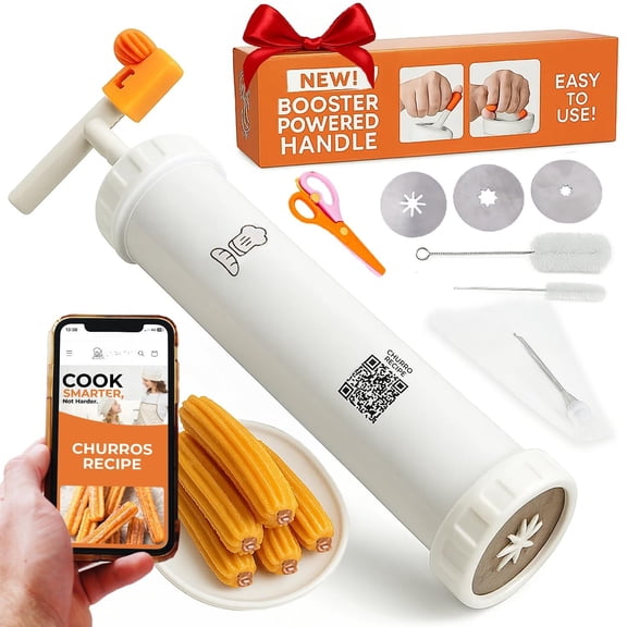 Churro Maker Kit with Booster-powered Handle, 3 Nozzles, Helix Plus
