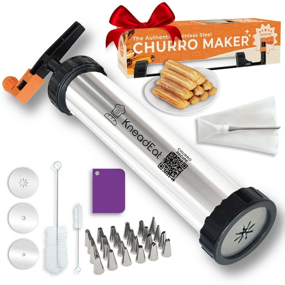 Churro Maker Kit with Booster-powered Handle. 304 Stainless Steel. Churrera and Piping Bag XL Churros Filler. Easy QR-Recipe - KneadEat Churro press.