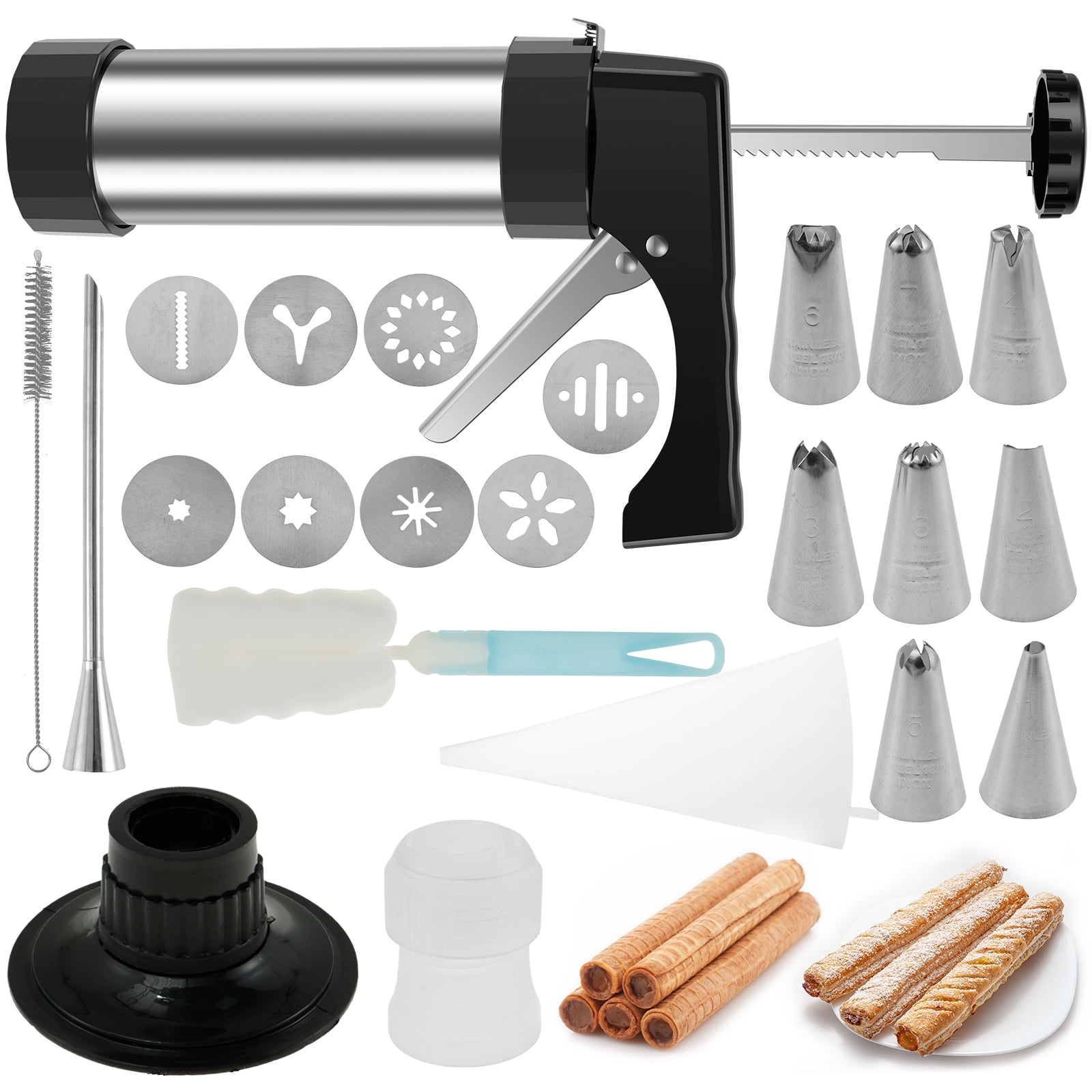 Churro Maker Machine Churrera and Piping Bag Churros Filler,Stainless Steel Churros Gu-n Kit with 8 Decorating Tips,8 Cookie Discs,Cookie Maker Machine
