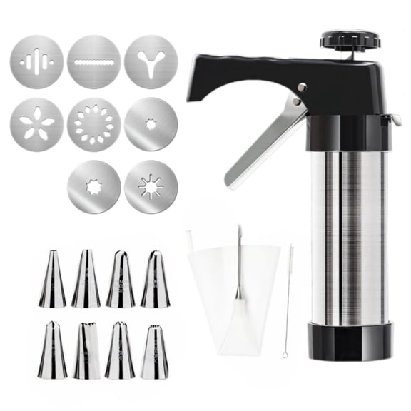Churro Maker Machine Kit, Churro Gun with 8 Decorative Discs & 8 Piping Tips, Stainless Steel Cookie Press Gun Kit with Piping Bag, Dessert Making Tool Set for Homemade Churros and Latin Pastries