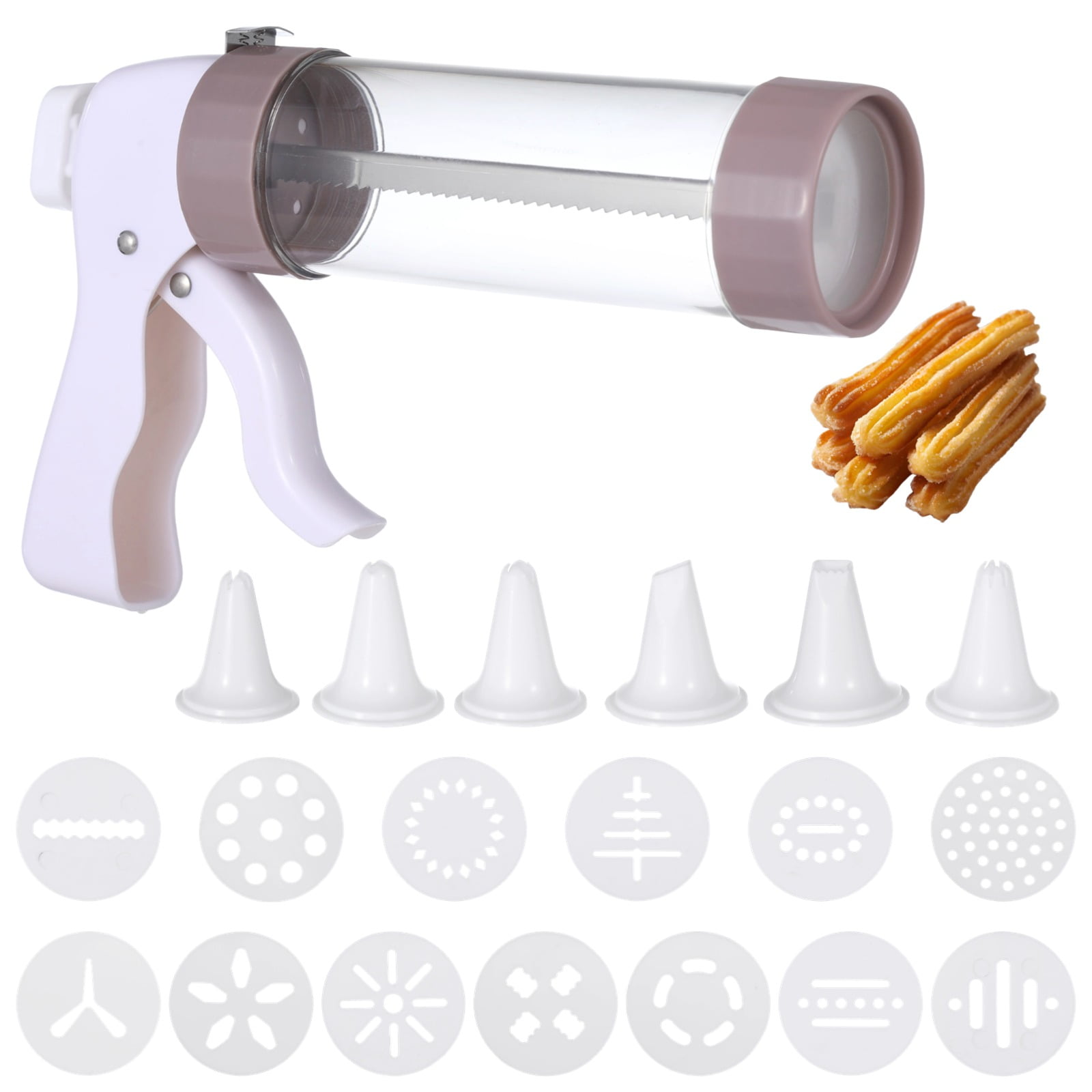 Cookie Press Gun Kit for DIY Biscuit Maker ï¼Å'Churro Maker Machineï¼Å'Icing Gunï¼Å'Cookie Press for Bakingï¼Å' Decoration with 20 Stainless Steel Cookie Discs and 4 Nozzles, Silver