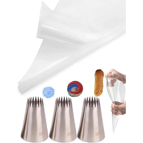 Churro Piping Tips and Bags Set,Extra Large Piping Tips 9FT for Eclair &Star with Disposable Pastry Bags,23 Pcs