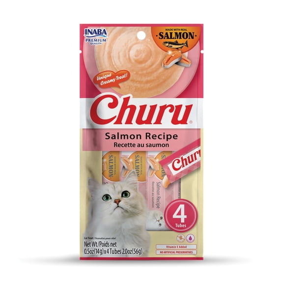 INABA Churu Lickable Cat Treats, Creamy Purée, Salmon Recipe, 0.5 oz Tubes, 4‑Count