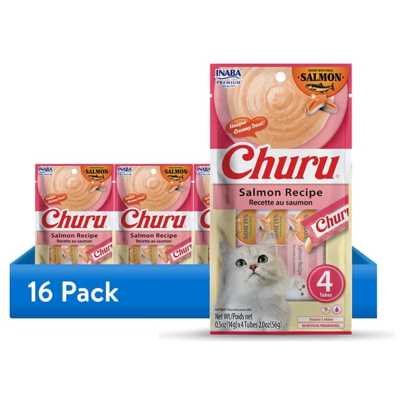 (16 pack) INABA Churu Lickable Cat Treats, Creamy Purée, Salmon Recipe, 0.5 oz Tubes, 4‑Count