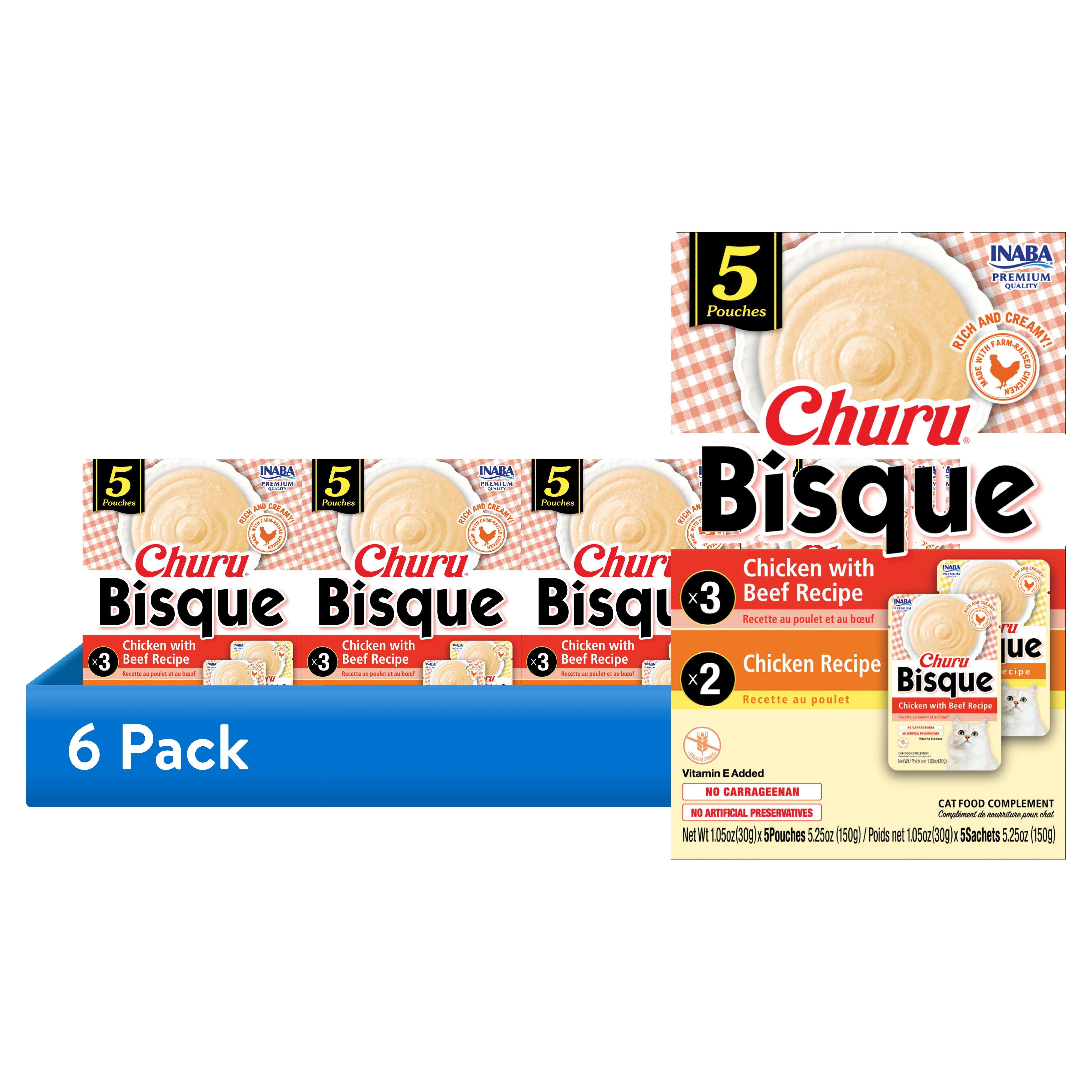 (6 pack) INABA Churu Bisque for Cats, Creamy Lickable Purée with Vitamin E, Chicken Variety Pack, 1.05 oz Pouches, 5‑Count