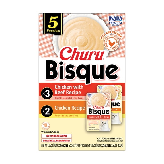 INABA Churu Bisque for Cats, Creamy Lickable Purée with Vitamin E, Chicken Variety Pack, 1.05 oz Pouches, 5‑Count