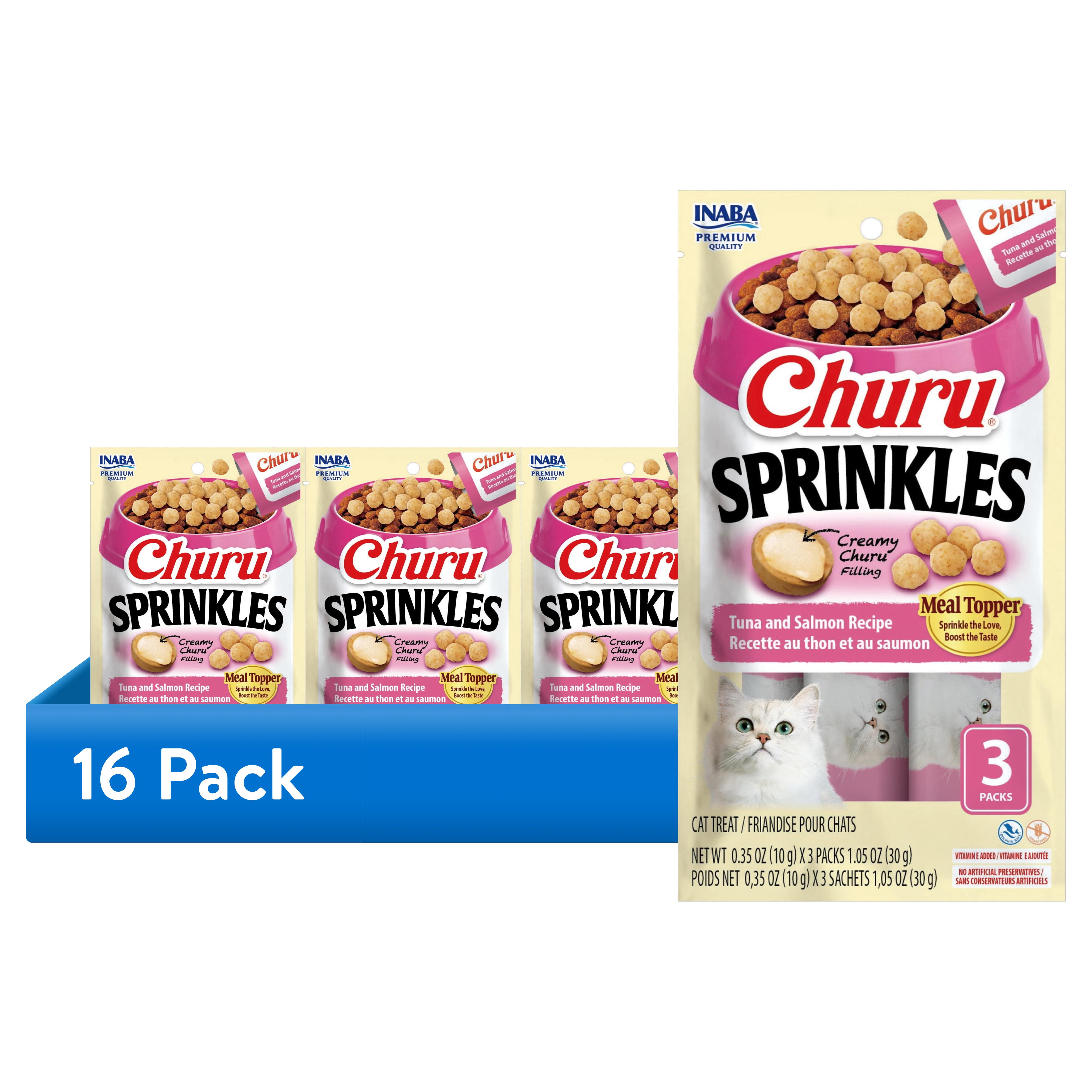 (16 pack) INABA Churu Sprinkles Cat Meal Topper, Soft & Chewy Baked Chicken with Taurine, Tuna & Salmon Recipe, 0.35 oz Packs, 3‑Count