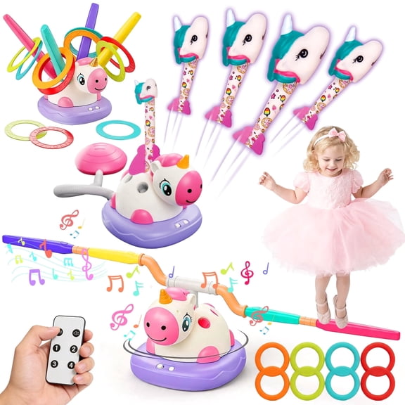 Chuvikid 3 in 1 Unicorn Rocket Launcher for Kid,Ring Toss Game,Musical Jump Toys with Remote Control, Gift for Boys Girls Ages 3-8