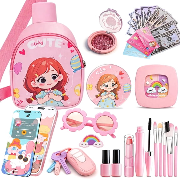 Chuvikid 32 PCS Kids Play Purse,Pretend Play Toy Set with Crossbody Bag,Fake Makeup Gifts for Girls Ages 3-12