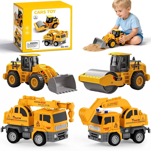 Chuvikid 4 Pcs Construction Truck Toy,Friction Powered Construction Truck Toys with Excavators,Cranes,Bulldozer,Road Roller,Gifts for Boys Ages 3-8