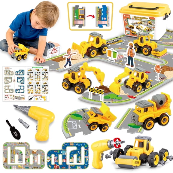 Chuvikid 6 in 1 Take Apart Construction Truck Toys,DIY Engineering Building Toy with Drill,City Map,Storage Box,Gift for Boys Ages 3-8