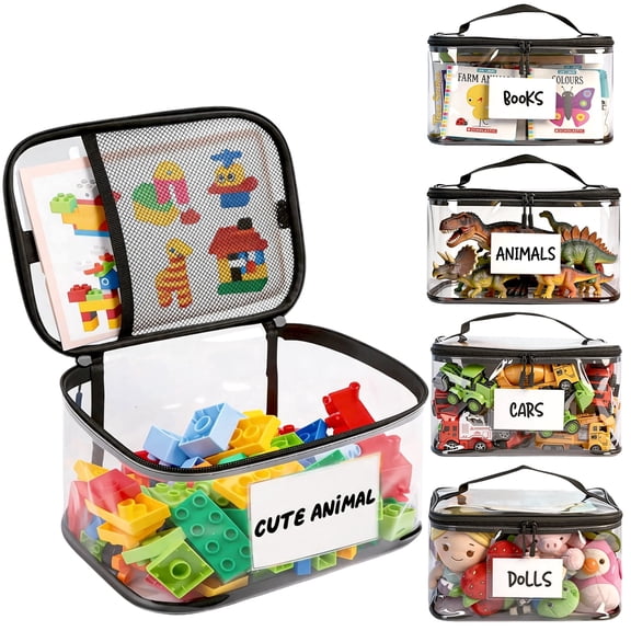 Chuvikid 8 Packs Clear Toy Storage Bags with Name Tag,Built in Mesh Pocket,Handle & Zipper,Waterproof Transparent PVC Toy Organizer Case for Building Blocks,Puzzle,Stuffed Animal,Board Game