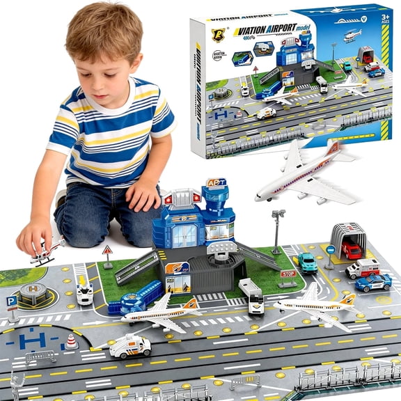 Chuvikid Airplane Toy Set,Airport Aviation Playset with Trucks,Helicopter,Plane,Interactive Early Learning Toys Gift for Kids Ages 3-8