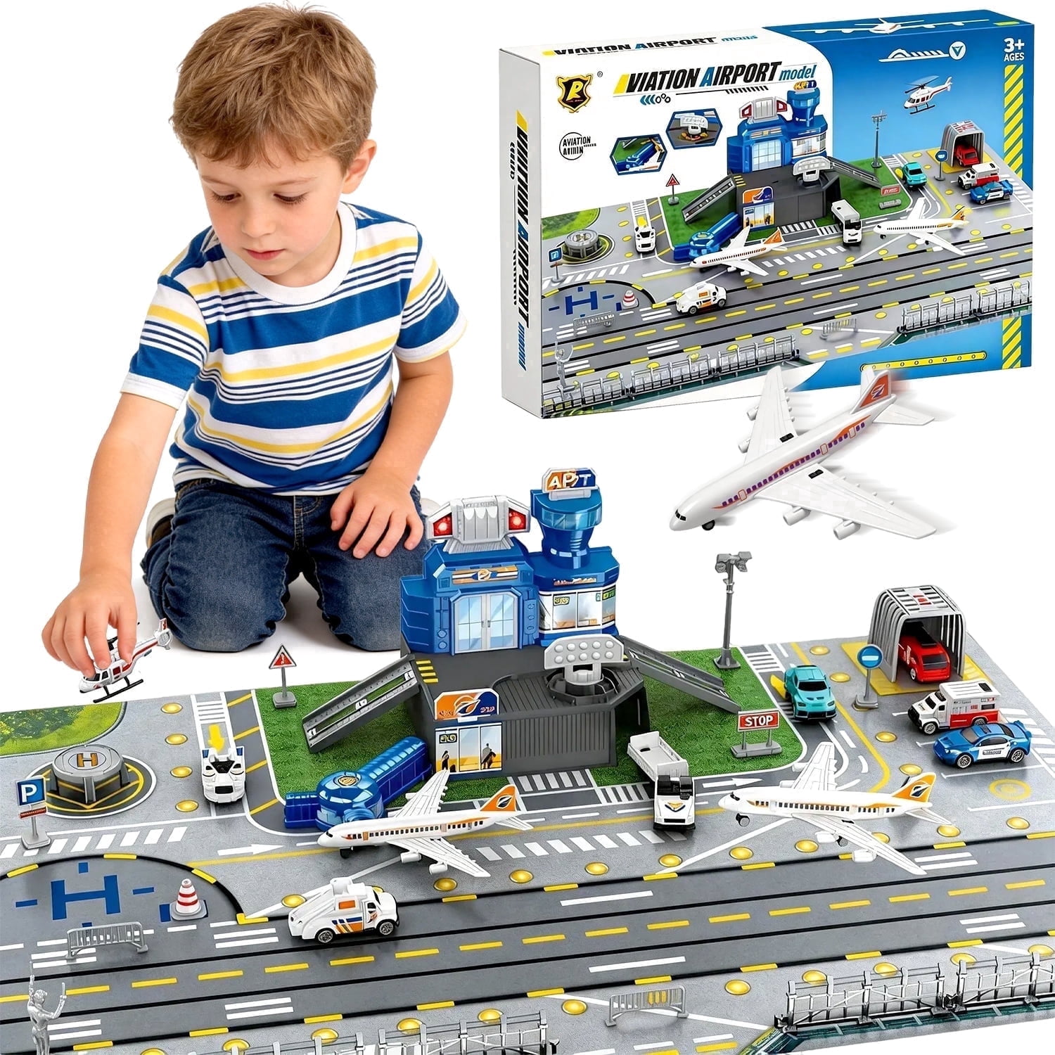 Chuvikid Airplane Toy Set,Airport Aviation Playset with Trucks,Helicopter,Plane,Interactive Early Learning Toys Gift for Kids Ages 3-8