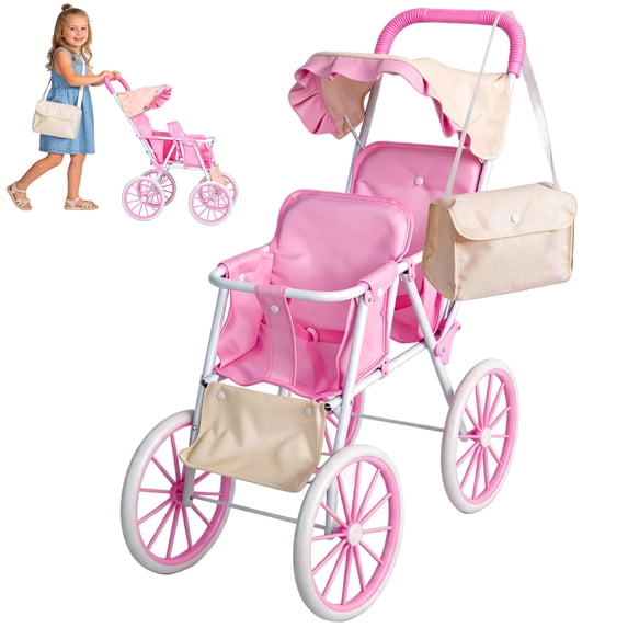 Chuvikid Baby Doll Double Stroller with Two-Seat,Sunshade Roof,All-Terrain Wheels,Best for Toddler Pretend Play Girls Party Gift Aged 3-12