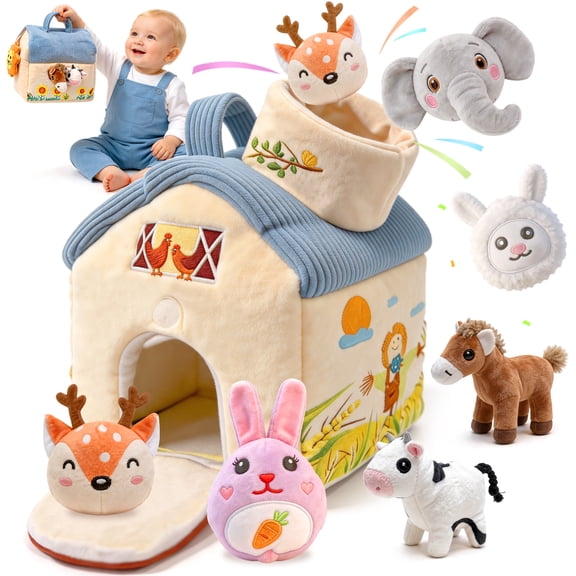 Chuvikid Baby Toys 6-12 Months,Surprise Barn with Stuffed Farm Animals with Real Sounds,Montessori Toys for 6 Month Old Baby 1 Year Old Boy Girl Gifts,Toddlers Sensory Toy