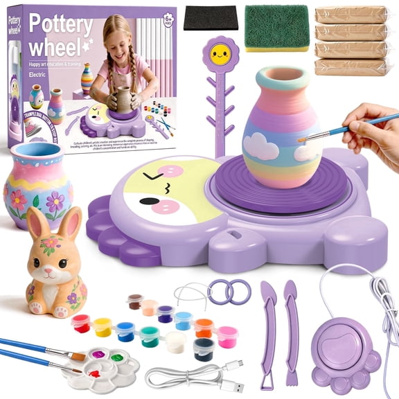 Chuvikid Pottery Wheel Machine Kit,Electric Ceramic Wheel with Foot Pedal & Painting Kit,Adjustable Speed,Clay Spinner Diy Tools for Art Craft 3-8