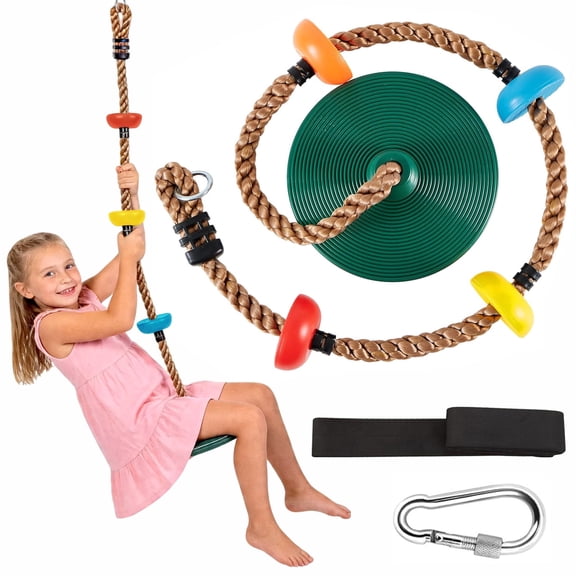 Chuvikid Climbing Rope Tree Swing,Single Disc Seat and Climbing Rope Set with Carabiner and Adjustable Foot Strap,Playground Swing Set Accessories Outdoor for Kids