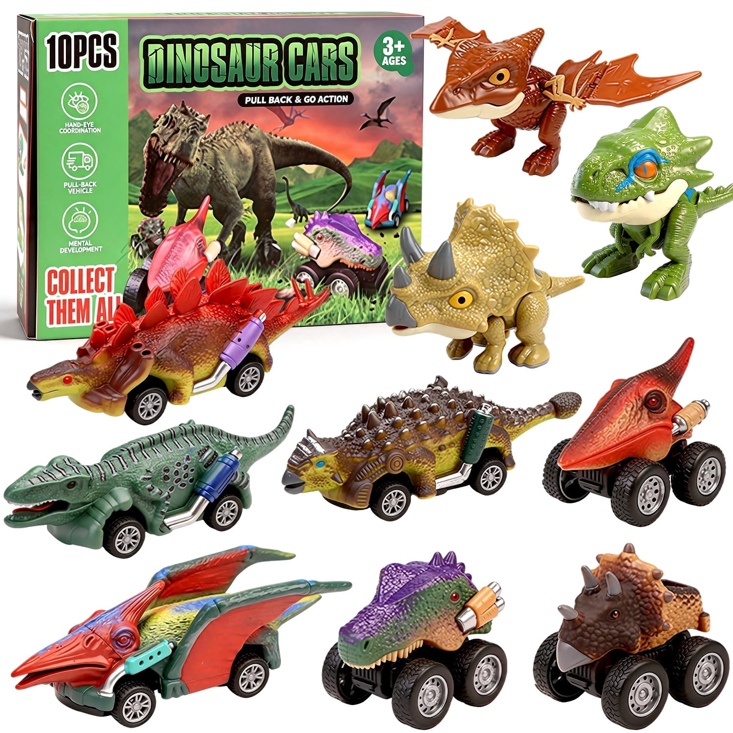 Chuvikid Dinosaur Toy Pull Back Cars,10 Pcs Dinosaur Games with T-Rex Dinosaur Toy Cars Gift for Boys Girls Ages 3-8