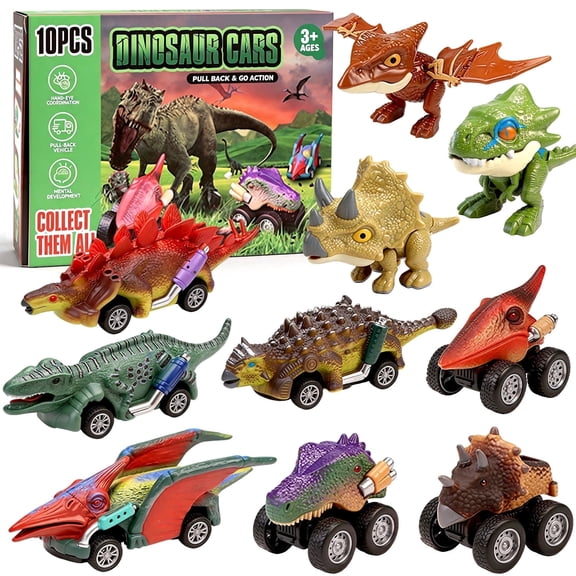 Chuvikid Dinosaur Toy Pull Back Cars,10 Pcs Dinosaur Games with T-Rex Dinosaur Toy Cars Gift for Boys Girls Ages 3-8
