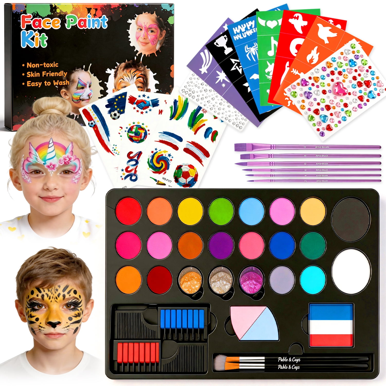 Chuvikid Face Painting Kit for Kids,20 Colors Water Based Non Toxic Face Paint Kit,Professional Face Paint with Stencils & Brushes,Perfect for Birthdays,Parties