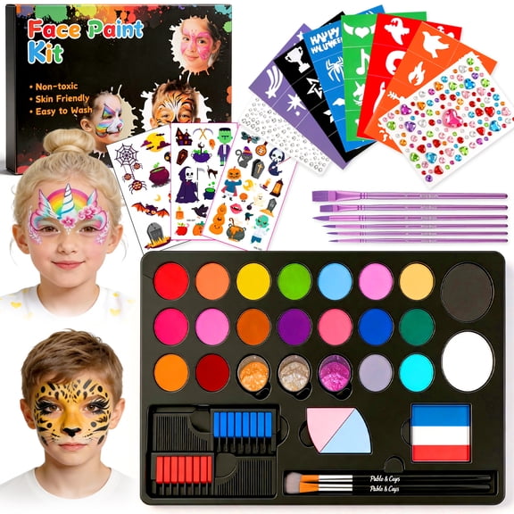 Chuvikid Face Painting Kit for Kids,20 Colors Water Based Non Toxic Face Paint Kit,Professional Face Paint with Stencils & Brushes,Perfect for Birthdays,Parties