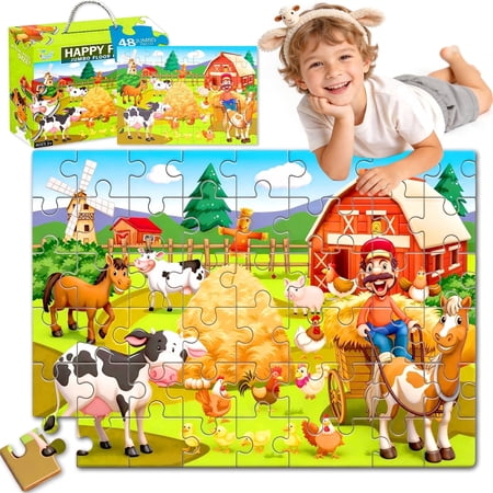 Chuvikid Happy Farm Jigsaw Puzzles,Cows,Horses,Chicks,48 Pcs Jumbo Floor Puzzle,Educational Toys Gift for Kids Ages 3-8