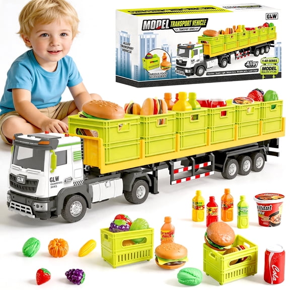 Chuvikid Kids Friction Food Transport Truck Toys,Alloy Large Container Trailer Toy with Storage Box and Food,Birthday Gift for Boys Girls Ages 3-8