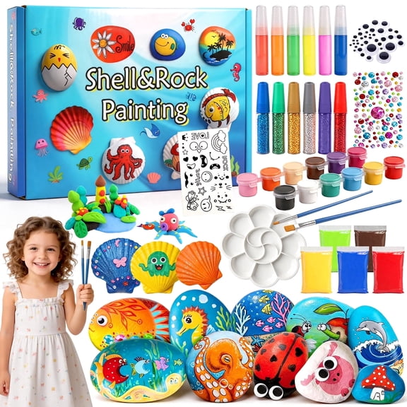 Chuvikid Rock & Shell Kit,Glow in The Dark,DIY 8 Natural Rocks + 6 Shells,Arts & Crafts Gifts for Boys and Girls Ages 6+