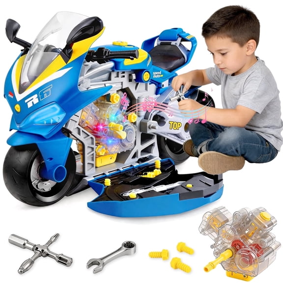 Chuvikid Take Apart Motorcycle Toy,Kid Motorcycle Toy Set with Light,Sound & Spray,Interactive Engine Building Kit Gift for Boys Girls 3-8 Years Old