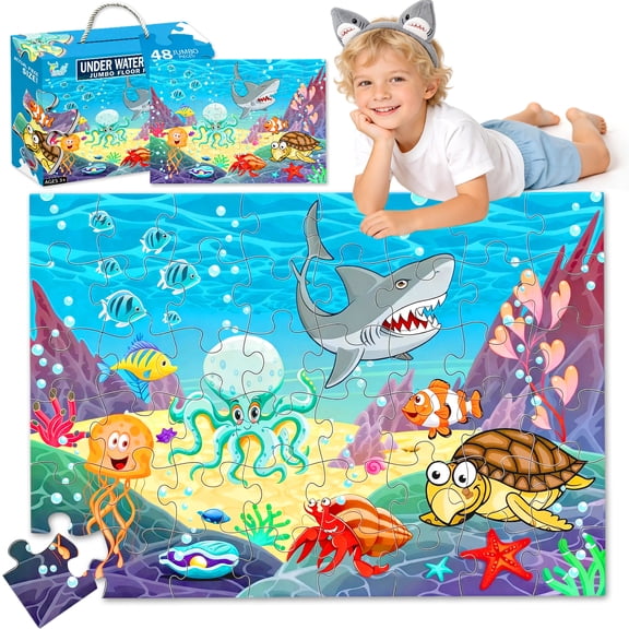 Chuvikid Underwater Ocean Floor Puzzle,Sharks,Jellyfish,Octopuses,48 PCS Jumbo Jigsaw Puzzle for Toddler Children Learning Preschool Educational Intellectual Development Toys Gift for Kids Ages 3-8