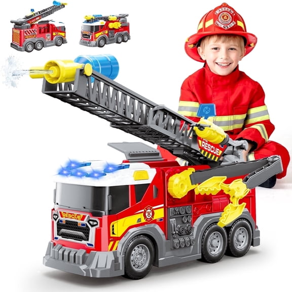 Chuvikid Upgraded Fire Truck Toy-Water Sprayer,Multifunctional Robotic Arm,Rotating Ladder,Equipment Box,Fire Trucks Playset Christmas Birthday Gift for Boys Girls Ages 3-8