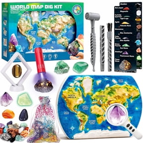 Chuvikid World Map Gemstone Dig Kit,Excavate Gem Rock Dig Kit with 16 Different Real Gemstones,Educational Geology Science Toy with Map and Dig Tools for Kids Ages 6-12