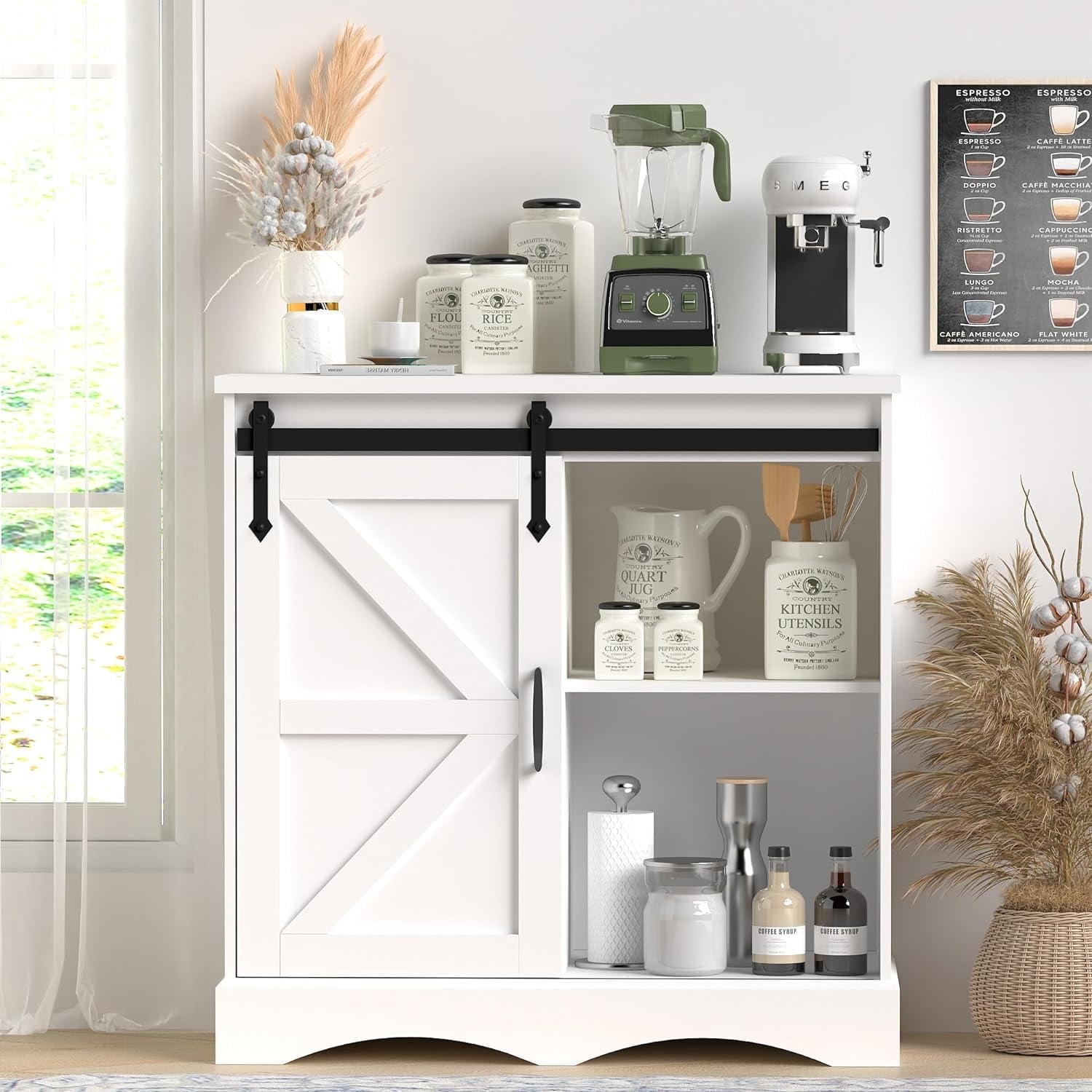 Chvans 31.5" Farmhouse Coffee Bar Cabinet with Storage, Aquarium Stand Fish Tank Table, White Kitchen Sideboard Cabinet with Sliding Barn Door, for Living Room, Entryway - Walmart.com