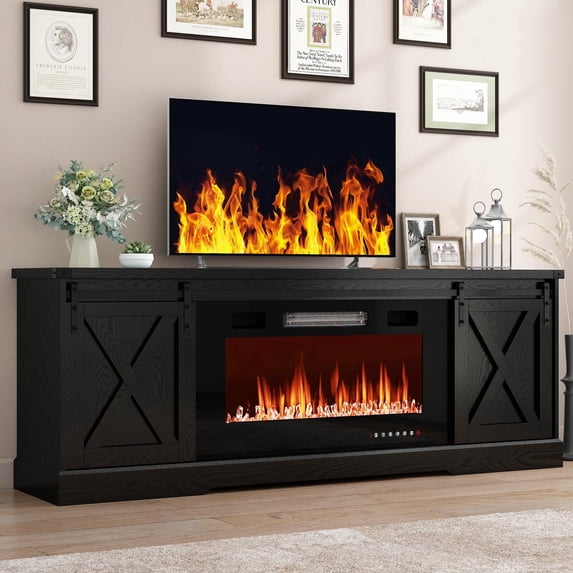 Chvans 70” Fireplace TV Stand with 36" Fireplace for up 80" TVs, Farmhouse Entertainment Center Console Table with Barn Door/Adjustable Shelves