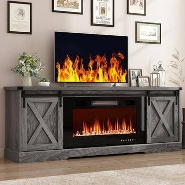 Chvans 70” Fireplace TV Stand with 36" Fireplace for up 80" TVs, Farmhouse Entertainment Center Console Table with Barn Door/Adjustable Shelves