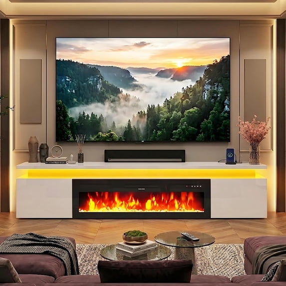 Chvans 90" Large Fireplace TV Stand for 85" 98" 100" TVs, LED Entertainment Center with 50" Electric Fireplace, Power Outlet & USB Ports, Gloss